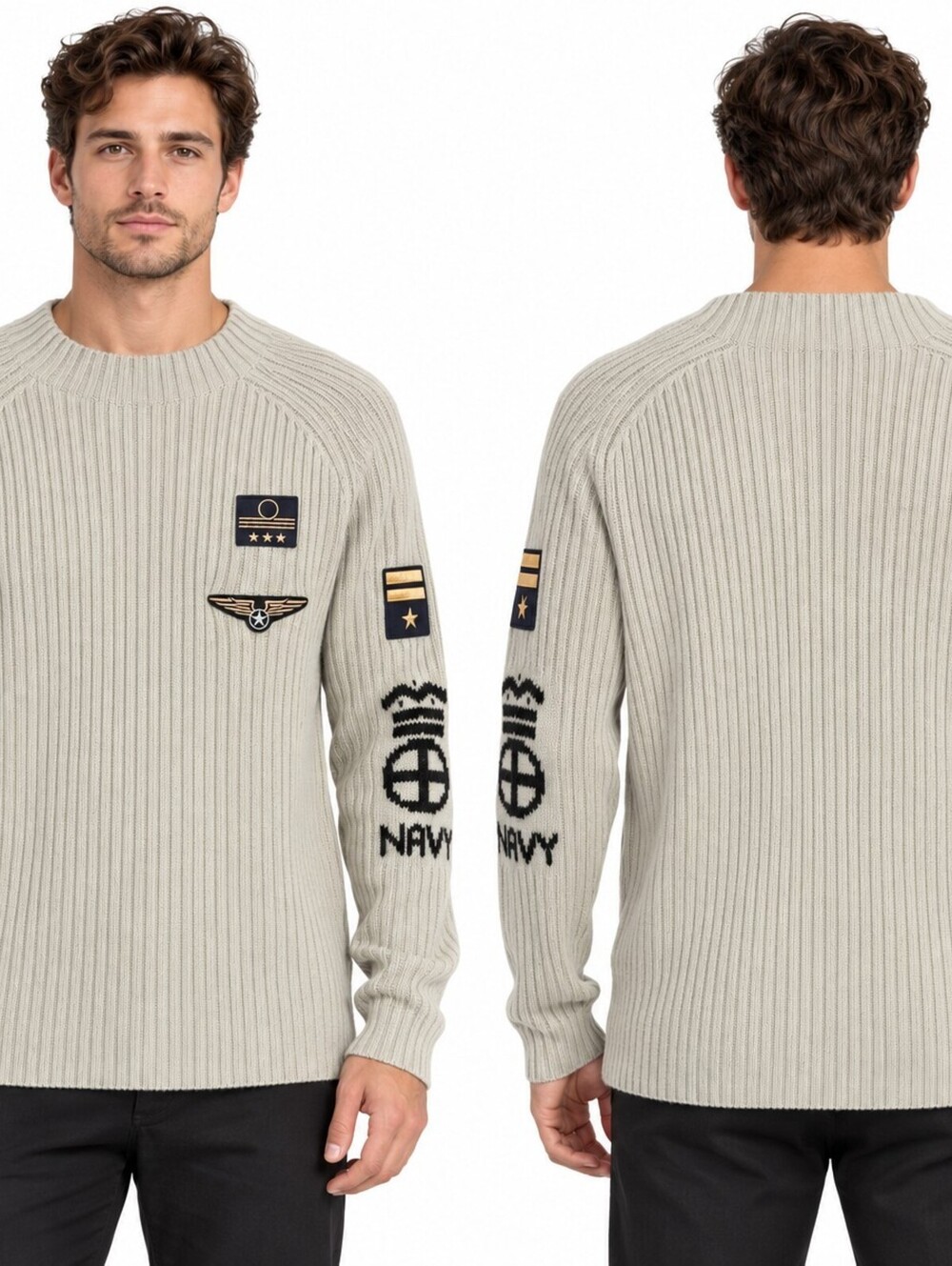 Kamiza Classic Men XXL Beige Ribbed Sweater Military Army Navy Patches Inspired